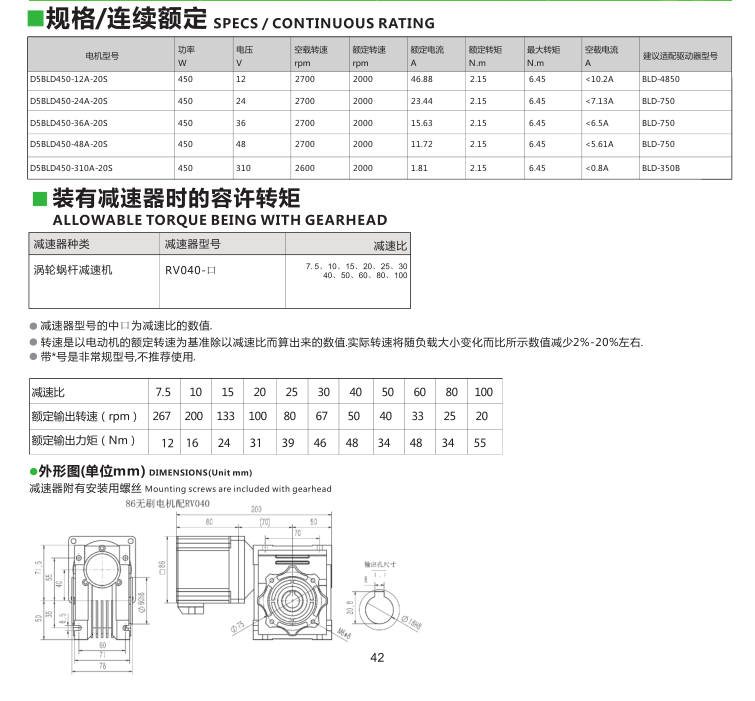 450W無刷電機規格